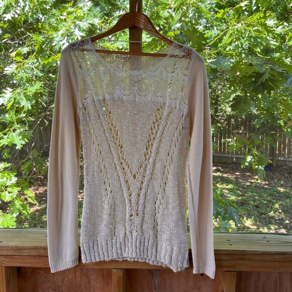 Mystree Women's Beige Lace Inset Pullover Sweater Size L. NEW - Picture 1 of 7
